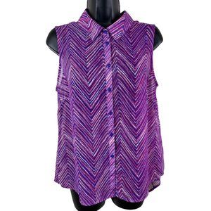 Cato Blouse Sleeveless Sheer Purple Pink White Striped Collar Button Size Medium